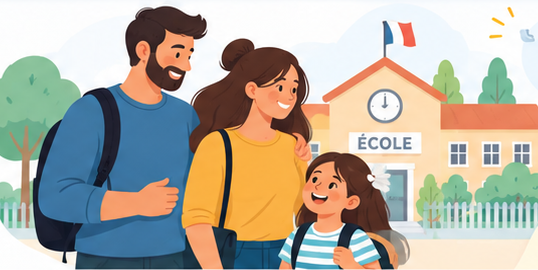 Une famille souriante devant l'école